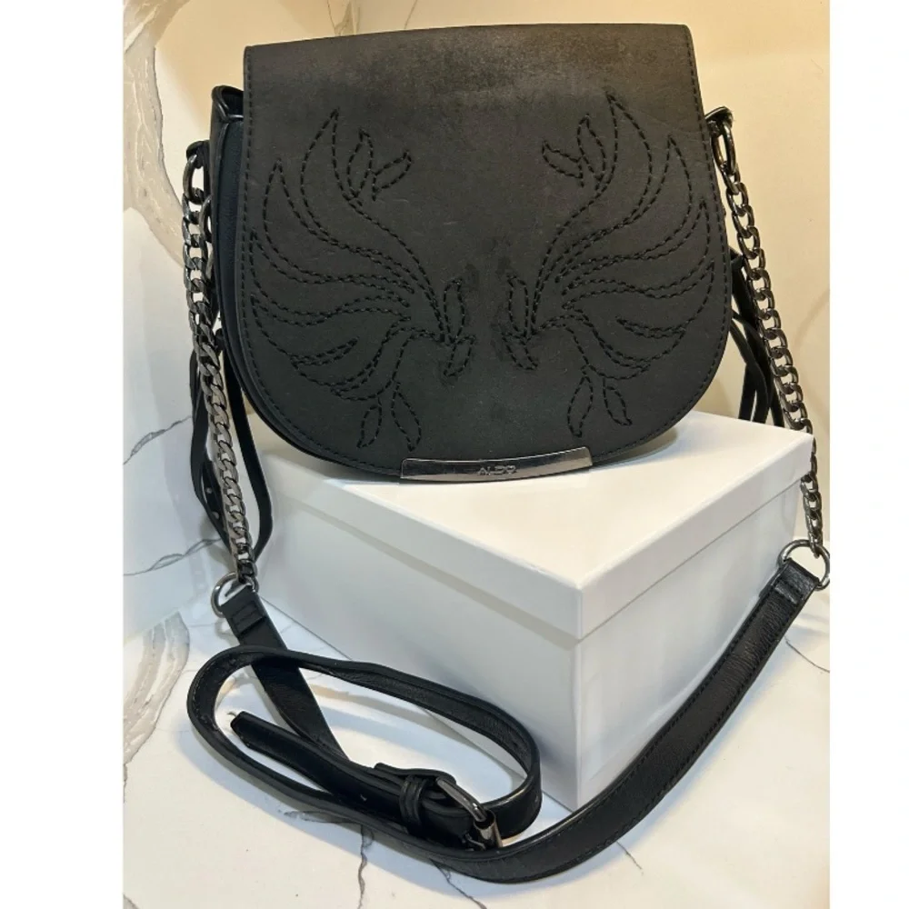 Aldo Black Western Boho Crossbody Saddle Bag | Embroidered Tassel Chain Purse